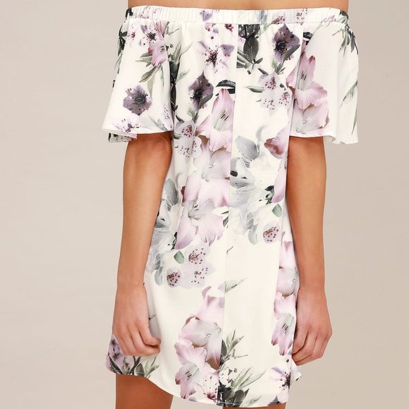 Lulus Shift Dress Small Ivory Floral Off-the-Shoulder Short Sleeve Women's - Picture 3 of 14